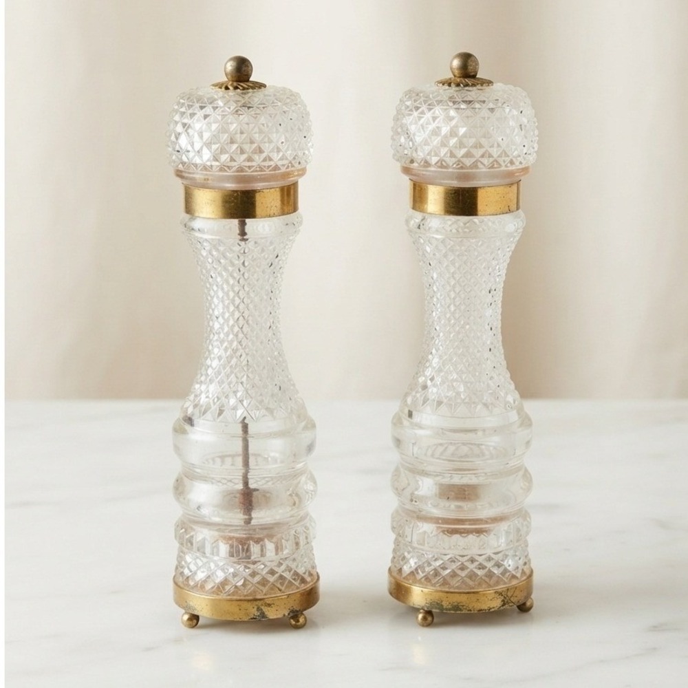 Vintage French Diamond Cut Crystal Brass Pepper Mill Salt Shaker Set Table Decor